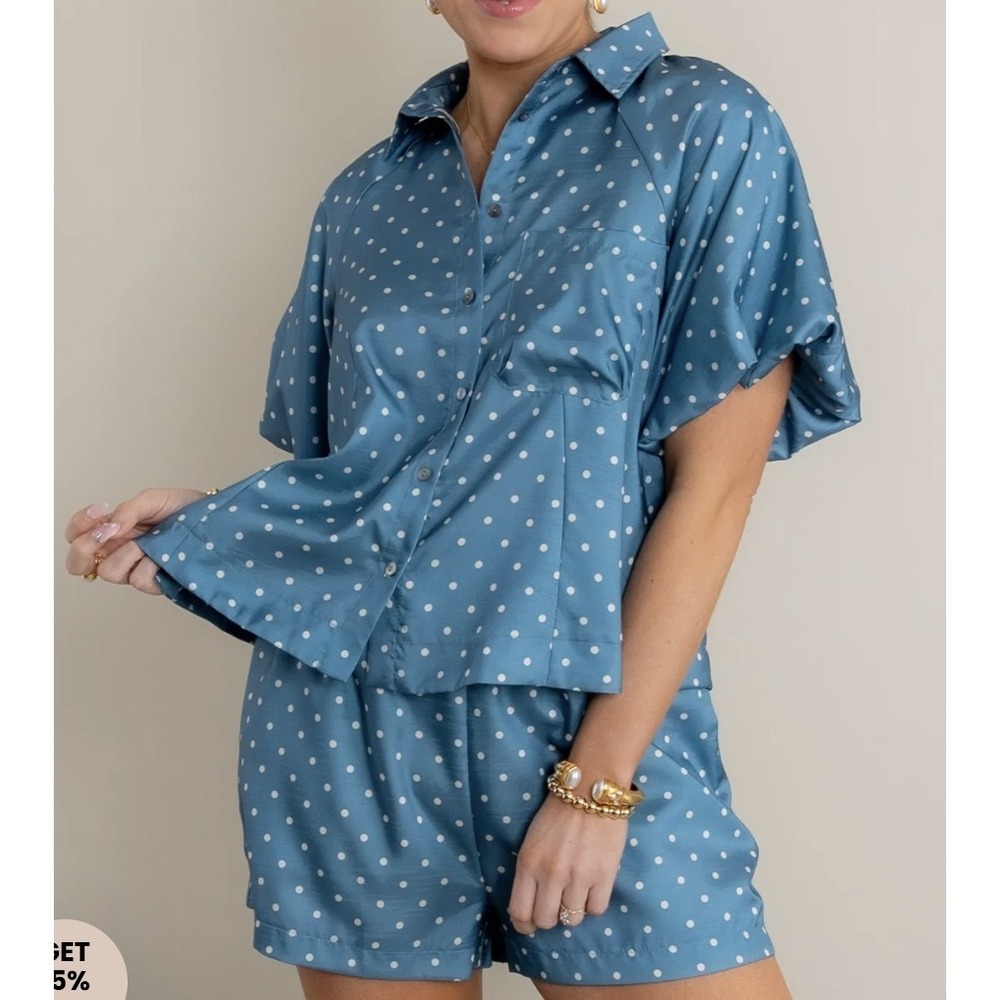 NWT Glam Polka Dot Satin Button Down Shorts Set Size M